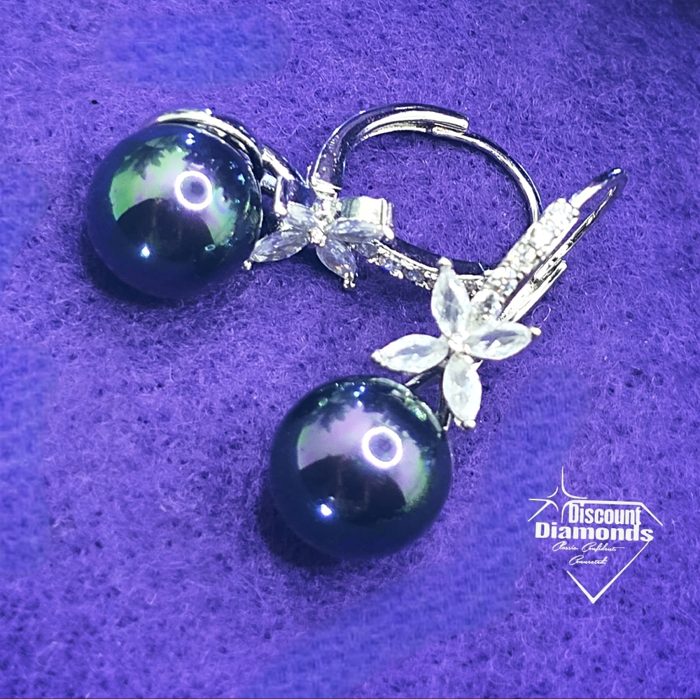 10mm Black Rainbow South Sea Shell Pearl & White Baguette Diamond Earrings 925 - Picture 6 of 12
